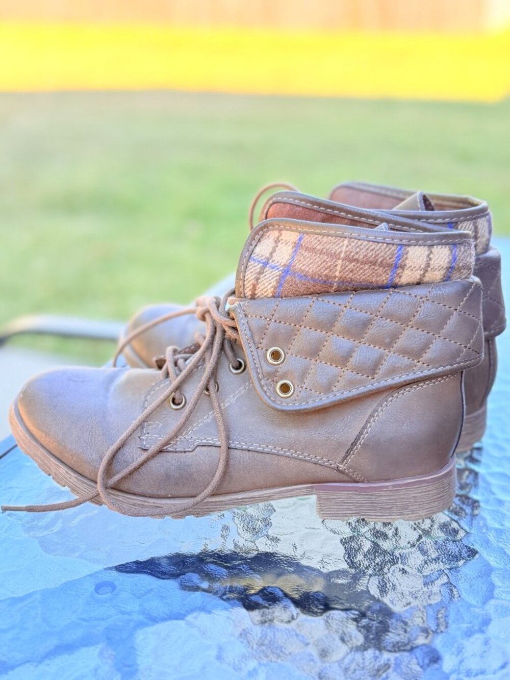Rock & Candy Spraypaint-Q 7.5 Brown Plaid Combat Boots Y2K Grunge Moto 4347